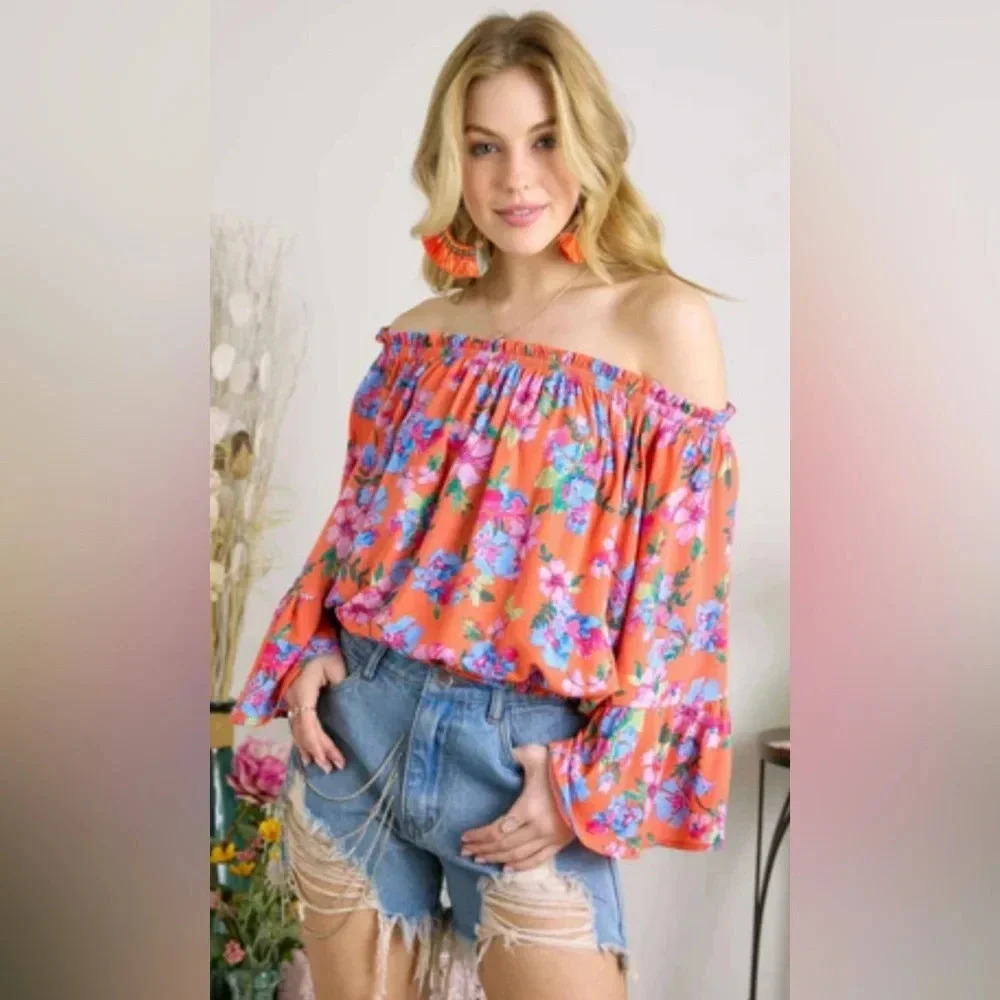ADORA STATE OF THE MIND OFF SHOULDER BELL SLEEVE FLORAL TOP LARGE